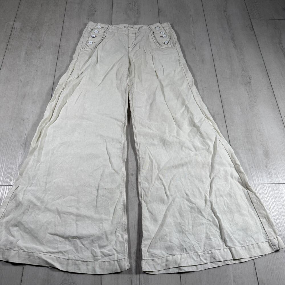 Free People Linen Low Rise Wide Leg White Sailor Button Pants Boho Indie Size 6